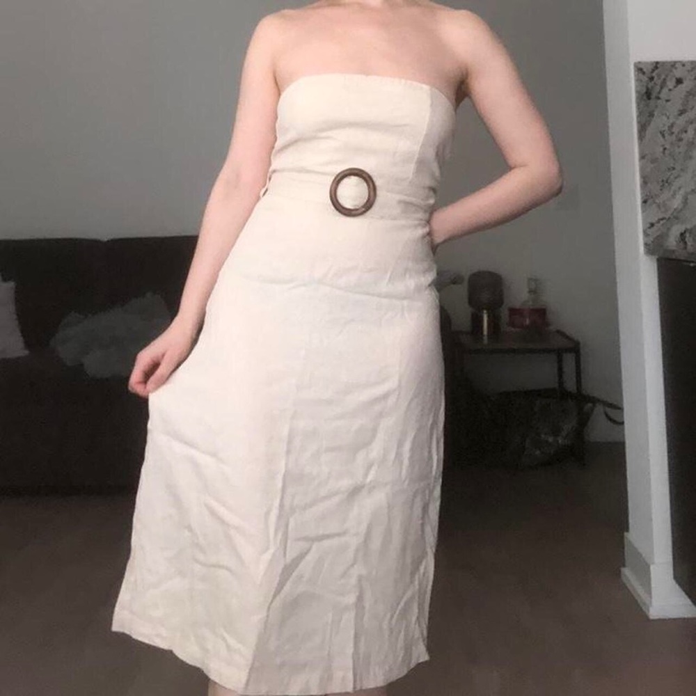 Strapless Cream Midi Dress with Waist Buckle